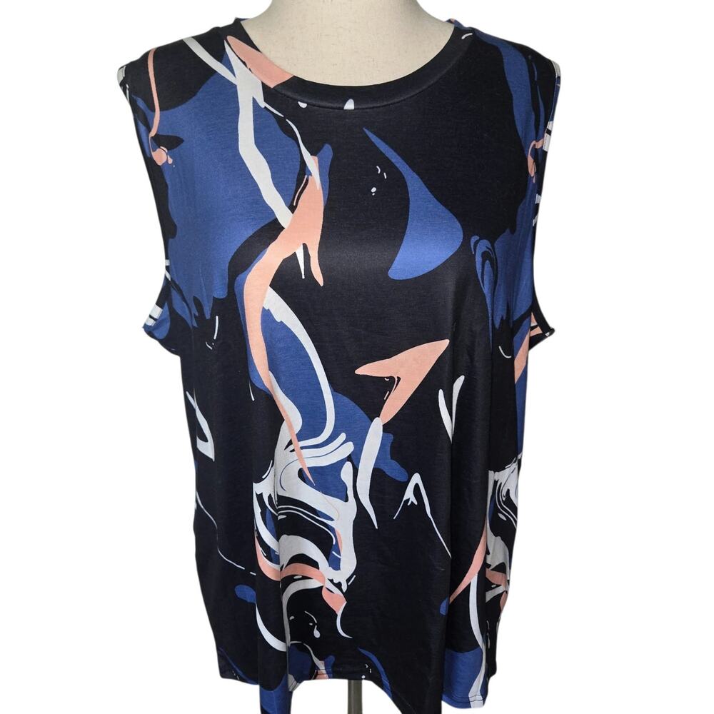 Women's 3XL Abstract Print Sleeveless Tank Top Black Blue Pink Casual Tunic